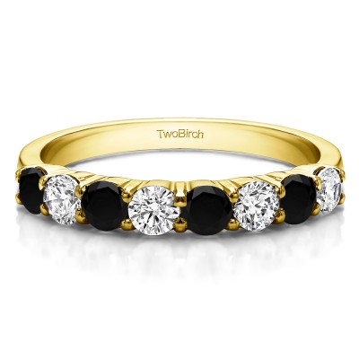 0.98 Carat Black and White Double Shared Prong Thin Wedding Band in Yellow Gold