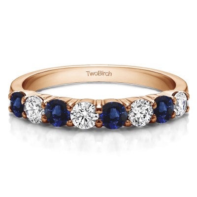 0.98 Carat Sapphire and Diamond Double Shared Prong Thin Wedding Band in Rose Gold