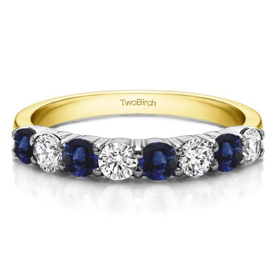 0.98 Carat Sapphire and Diamond Double Shared Prong Thin Wedding Band in Two Tone Gold