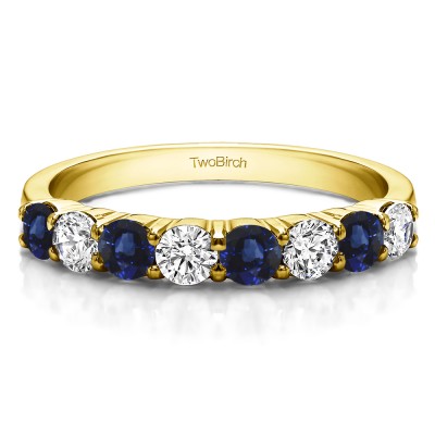 0.98 Carat Sapphire and Diamond Double Shared Prong Thin Wedding Band in Yellow Gold