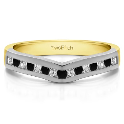0.5 Ct. Black and White Round Fifteen Stone Channel Set Contour Wedding Ring in Two Tone Gold