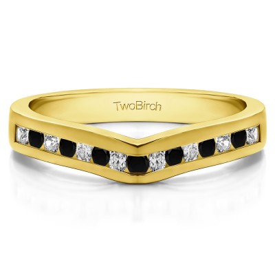 1 Ct. Black and White Round Fifteen Stone Channel Set Contour Wedding Ring in Yellow Gold