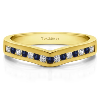 0.75 Ct. Sapphire and Diamond Round Fifteen Stone Channel Set Contour Wedding Ring in Yellow Gold