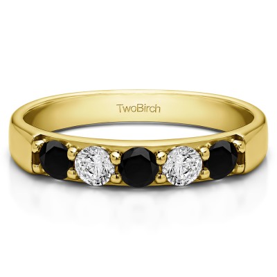 1 Carat Black and White Five Stone Pave Set Anniversary Band in Yellow Gold