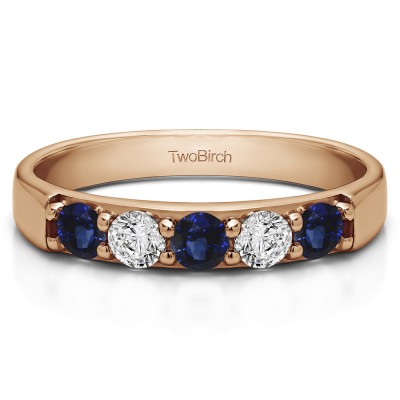 1 Carat Sapphire and Diamond Five Stone Pave Set Anniversary Band in Rose Gold