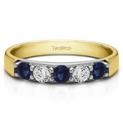1 Carat Sapphire and Diamond Five Stone Pave Set Anniversary Band in Two Tone Gold