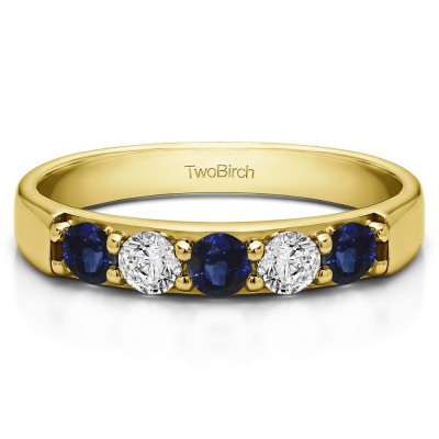 1 Carat Sapphire and Diamond Five Stone Pave Set Anniversary Band in Yellow Gold