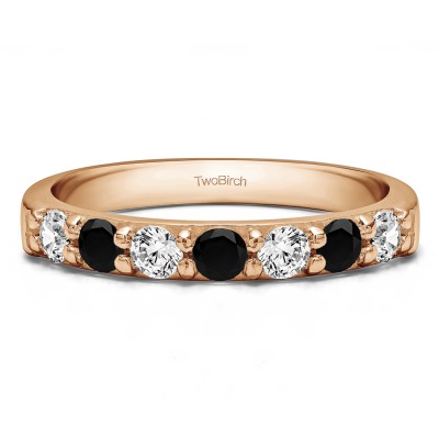 0.98 Carat Black and White Seven Stone Common Prong Wedding Ring in Rose Gold