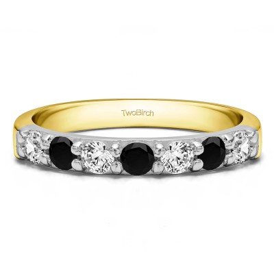 0.98 Carat Black and White Seven Stone Common Prong Wedding Ring in Two Tone Gold