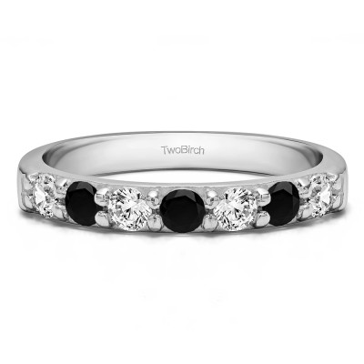 0.49 Carat Black and White Seven Stone Common Prong Wedding Ring