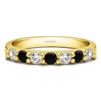 0.75 Carat Black and White Seven Stone Common Prong Wedding Ring in Yellow Gold