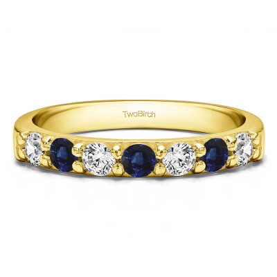 0.49 Carat Sapphire and Diamond Seven Stone Common Prong Wedding Ring in Yellow Gold