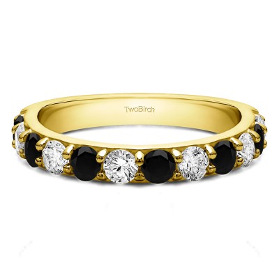 0.24 Carat Black and White Twelve Stone Round Pave Set Wedding Band  in Yellow Gold