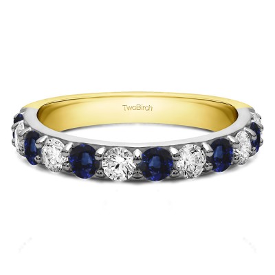 0.48 Carat Sapphire and Diamond Twelve Stone Round Pave Set Wedding Band  in Two Tone Gold