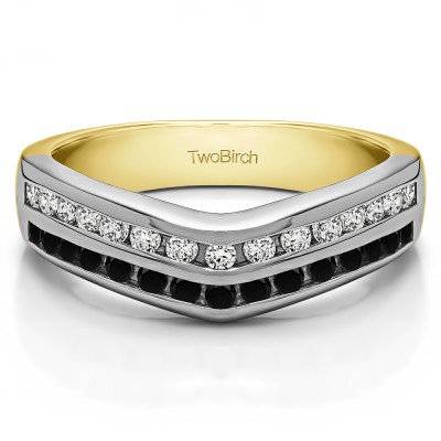 0.48 Ct. Black and White Double Row Channel Set Anniversary Wedding Ring in Two Tone Gold