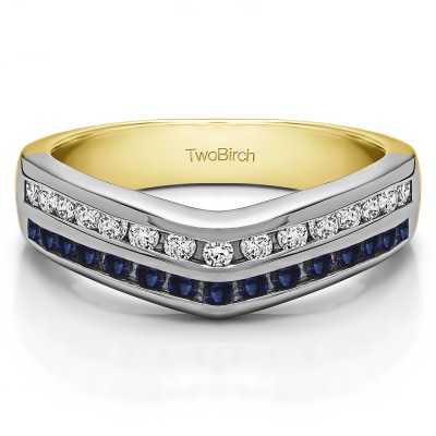 0.48 Ct. Sapphire and Diamond Double Row Channel Set Anniversary Wedding Ring in Two Tone Gold