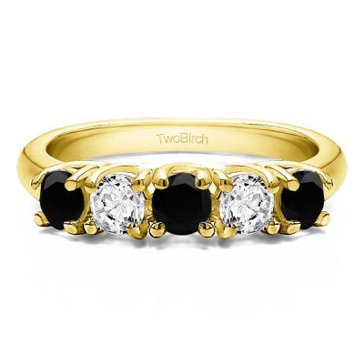 0.5 Carat Black and White Five Stone Trellis Set Wedding Ring in Yellow Gold