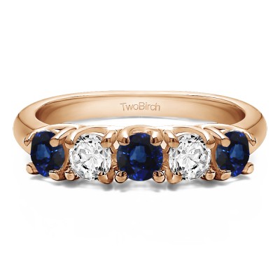 0.5 Carat Sapphire and Diamond Five Stone Trellis Set Wedding Ring in Rose Gold
