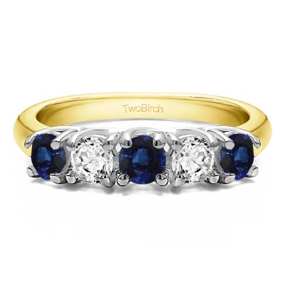 0.5 Carat Sapphire and Diamond Five Stone Trellis Set Wedding Ring in Two Tone Gold