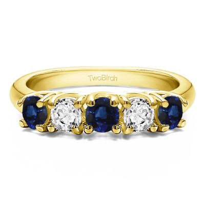0.5 Carat Sapphire and Diamond Five Stone Trellis Set Wedding Ring in Yellow Gold