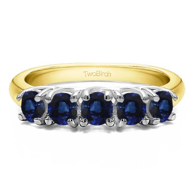 0.5 Carat Sapphire Five Stone Trellis Set Wedding Ring in Two Tone Gold