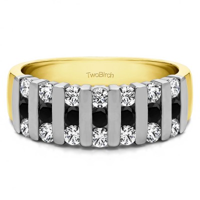 0.26 Carat Black and White Three Row Bar Set Wedding Ring in Two Tone Gold