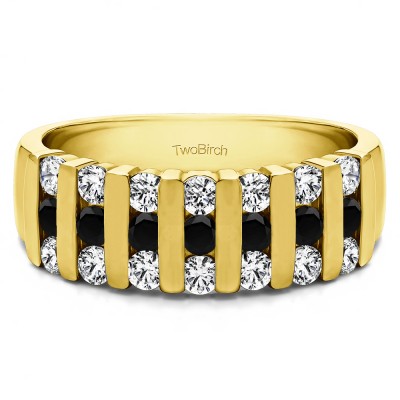 0.26 Carat Black and White Three Row Bar Set Wedding Ring in Yellow Gold