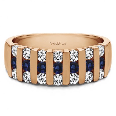 0.26 Carat Sapphire and Diamond Three Row Bar Set Wedding Ring in Rose Gold