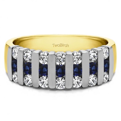 0.26 Carat Sapphire and Diamond Three Row Bar Set Wedding Ring in Two Tone Gold