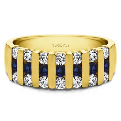 0.26 Carat Sapphire and Diamond Three Row Bar Set Wedding Ring in Yellow Gold