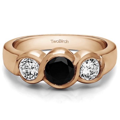 1 Carat Black and White Three Stone Bypass Bezel Set Wedding Band  in Rose Gold
