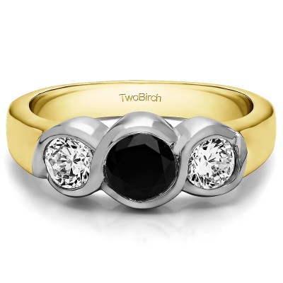 1 Carat Black and White Three Stone Bypass Bezel Set Wedding Band  in Two Tone Gold
