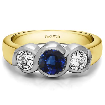 0.34 Carat Sapphire and Diamond Three Stone Bypass Bezel Set Wedding Band  in Two Tone Gold