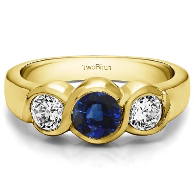 0.34 Carat Sapphire and Diamond Three Stone Bypass Bezel Set Wedding Band  in Yellow Gold