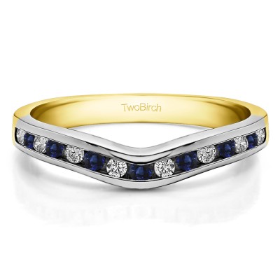 0.15 Ct. Sapphire and Diamond Round Twelve Stone Curved Wedding Tracer Ring in Two Tone Gold