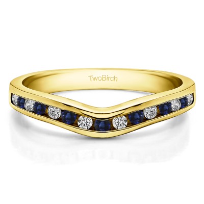 0.62 Ct. Sapphire and Diamond Round Twelve Stone Curved Wedding Tracer Ring in Yellow Gold