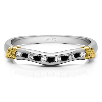 0.15 Ct. Black and White Eleven Stone Channel Raised Bar Curved Band in Two Tone Gold