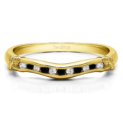 0.15 Ct. Black and White Eleven Stone Channel Raised Bar Curved Band in Yellow Gold