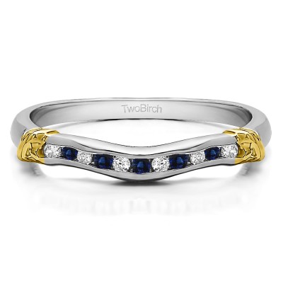 0.15 Ct. Sapphire and Diamond Eleven Stone Channel Raised Bar Curved Band in Two Tone Gold