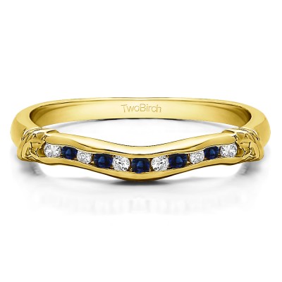 0.15 Ct. Sapphire and Diamond Eleven Stone Channel Raised Bar Curved Band in Yellow Gold