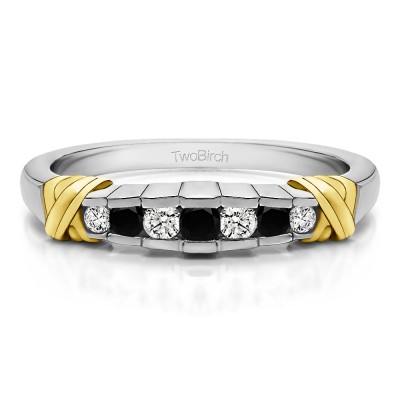 0.23 Carat Black and White Seven Stone Channel Set Cross Wedding Ring  in Two Tone Gold
