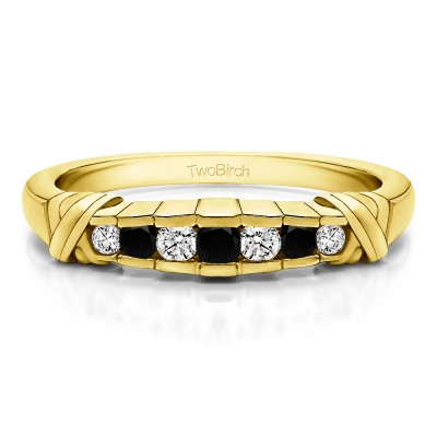 0.23 Carat Black and White Seven Stone Channel Set Cross Wedding Ring  in Yellow Gold