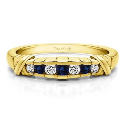 0.23 Carat Sapphire and Diamond Seven Stone Channel Set Cross Wedding Ring  in Yellow Gold