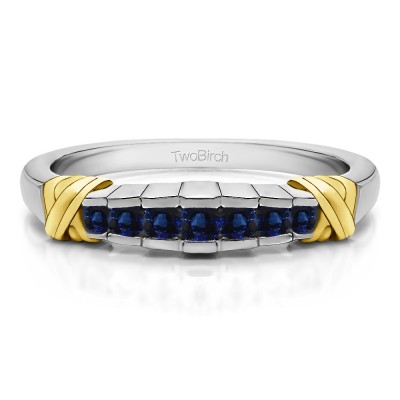 0.23 Carat Sapphire Seven Stone Channel Set Cross Wedding Ring  in Two Tone Gold
