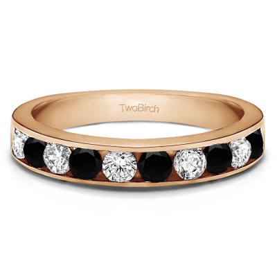 1 Carat Black and White 10 Stone Straight Channel Set Wedding Ring  in Rose Gold