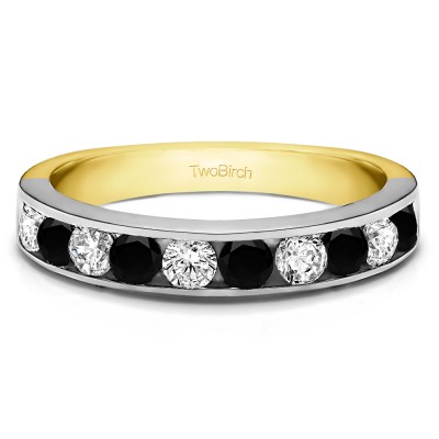 1 Carat Black and White 10 Stone Straight Channel Set Wedding Ring  in Two Tone Gold
