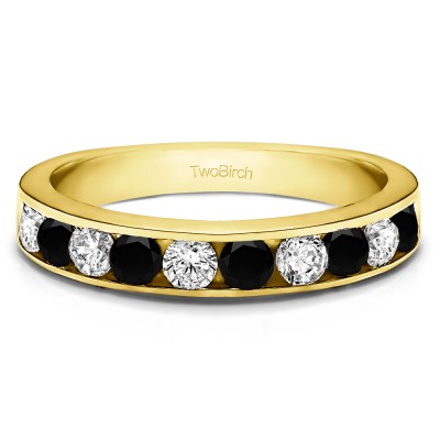 1 Carat Black and White 10 Stone Straight Channel Set Wedding Ring  in Yellow Gold