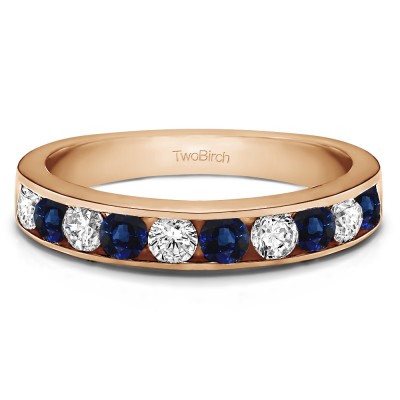 1 Carat Sapphire and Diamond 10 Stone Straight Channel Set Wedding Ring  in Rose Gold