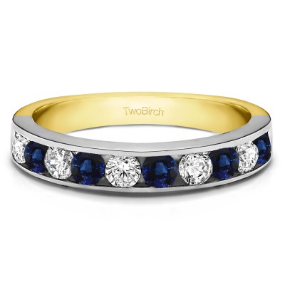 1 Carat Sapphire and Diamond 10 Stone Straight Channel Set Wedding Ring  in Two Tone Gold