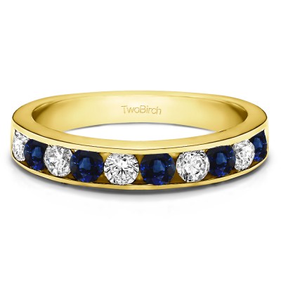 0.5 Carat Sapphire and Diamond 10 Stone Straight Channel Set Wedding Ring  in Yellow Gold